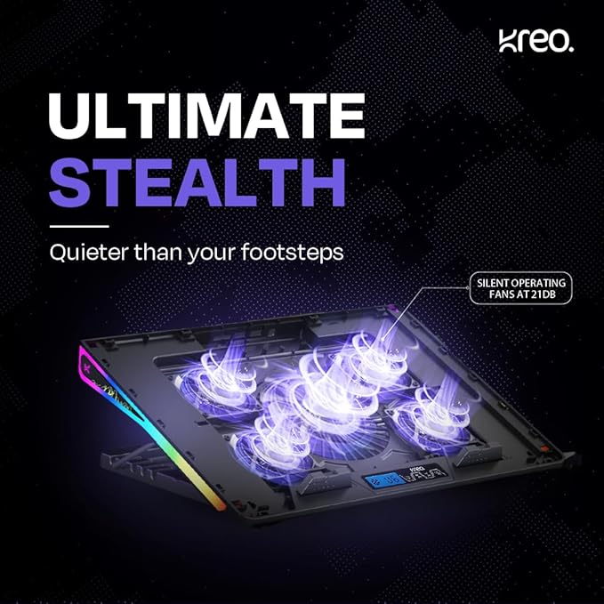 Kreo Tundra 5 Fans RGB Laptop Cooling Pad with Dual USB Port, 5 Adjustable Height Angles with LCD Display and 10 RGB Modes for Gaming Laptop, Silent Cooling Pad with Under 21 dBA