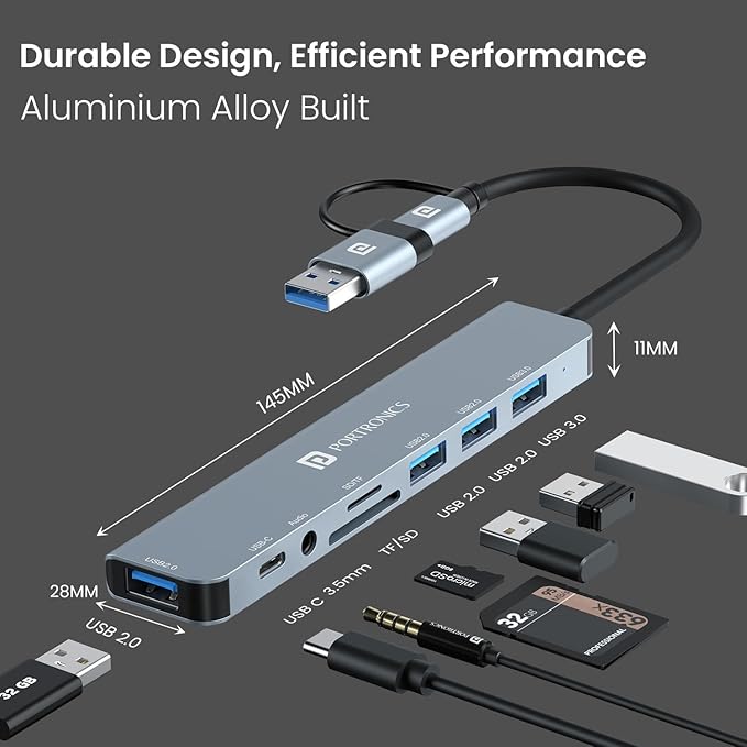 Portronics Mport 8 Plus Dual Plug 8-in-1 Docking Station/Hub with AUX, USB 3.0, microSD/SD Card Reader, Type-C Data, USB 2.0, Type-C and USB Plug for Laptop, Mac, PC (Grey)
