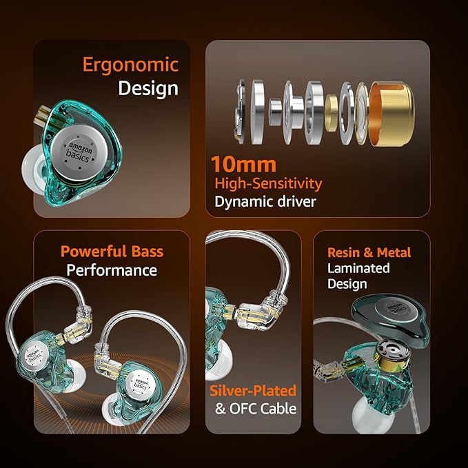 Earphone, HiFi Stereo | 3.5 mm Plug| Dual Magnetic Circuit Dynamic Driver | Resin Inlay Metal Body | Detachable 5N OFC Cable | with Mic |for Audiophiles & Musicians |Cyan