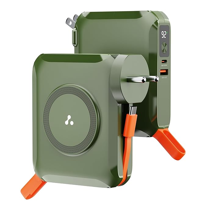 Ambrane 4-in-1 Powerbank, Magsafe Wireless & Laptop Charging with Inbuilt Type C Cable, 65W Fast Charging 15000mAh, Universal All-in-1 for iPhone, Android & MacBook/Type C Laptop (Aerosync 65, Green) Visit the Ambrane Store