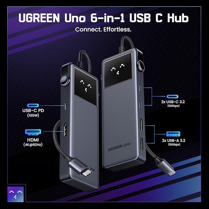 UGREEN Uno USB C Hub, 6-in-1 Type C Adapter with 4K@60Hz HDMI, 10Gbps 2×USB C& A 3.2 Data Ports, 100W Power Delivery for PC Laptop Phone Compatible with MacBook Air, iPad, iPhone 17/16 Series and More