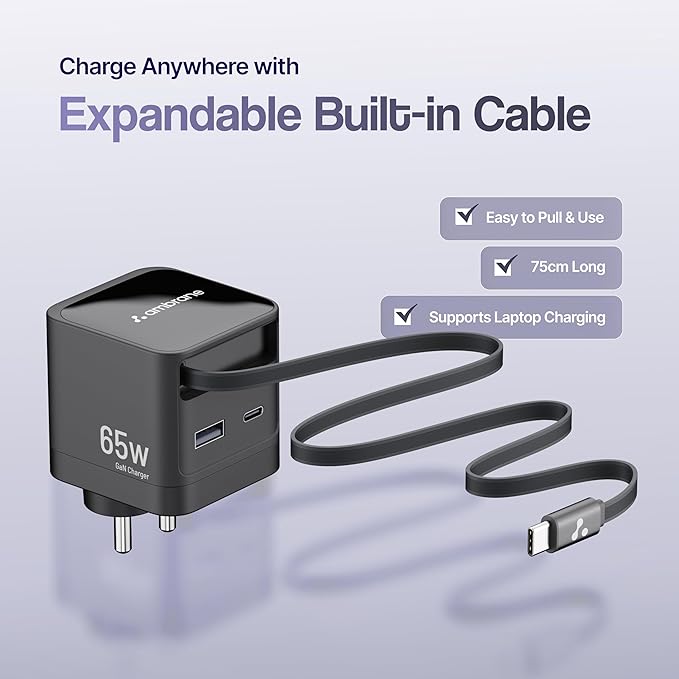 65W Charger with Built-in Cable for Convenience, Supports MacBook/Type C Laptops Charging: Dell, HP, ASUS, GaN Fast Charging, Type PD & USB Ports, for All Devices (Charge R65, Black)