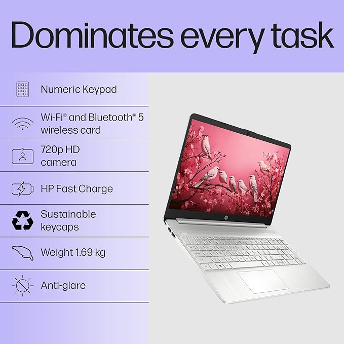 HP 15s, 12th Gen Intel Core i3-1215U (8GB DDR4, 512GB SSD) Anti-Glare, 15.6"/39.6cm,FHD, Win 11, MS Office 21, Silver, 1.69kg, fy5006tu/fd0751tu/fd0752tu, UHD Graphics, HD Camera, Dual Speakers Laptop