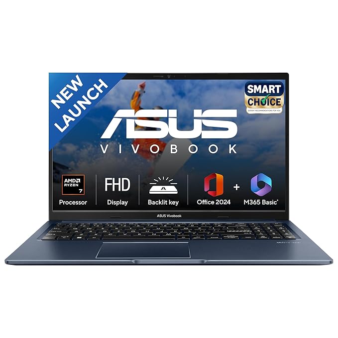ASUS Vivobook 15, Smartchoice, AMD Ryzen 7 5825U, 16GB RAM, 512GB SSD, FHD 15.6", Windows 11, Office Home 2024, Quiet Blue, 1.7Kg, M1502YA-