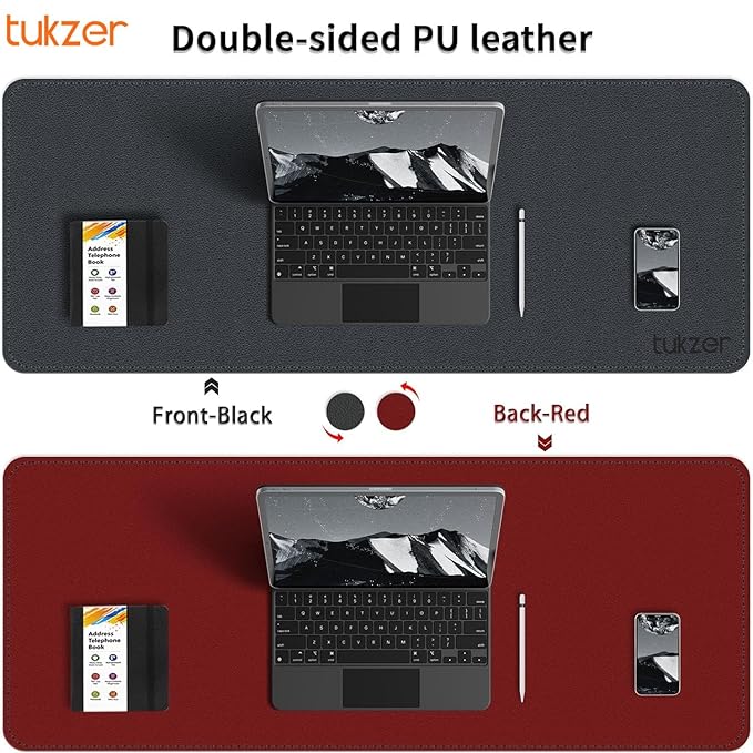 Tukzer Extended Vegan PU Leather Mouse Pad Desk mat Smooth Reversible Dual Color Splash Proof Anti Fray Stitched Edges Non-Slip Mousepad for Laptop Notebook Gaming Computer(Black & Red 90CM X 45CM) Visit the Tukzer Store