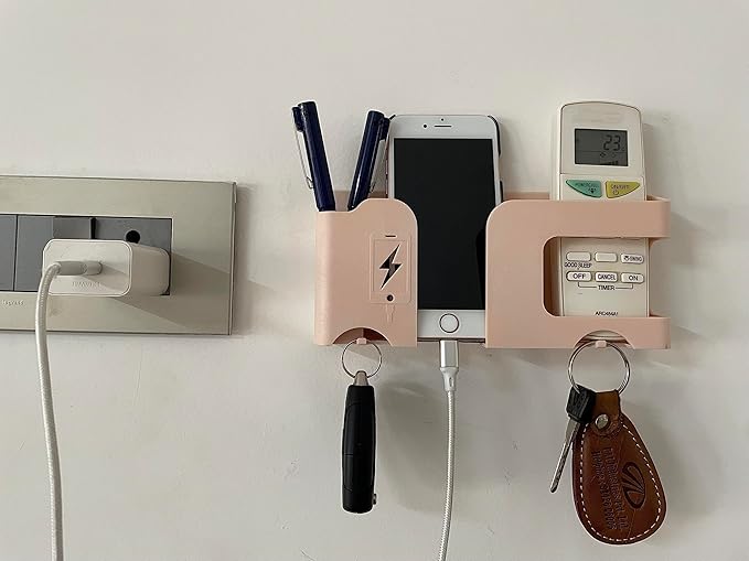 Mobile Phone Charging Stand Multi-Functional Storage Wall Mounted Ac Remote Holder Self Adhesive Bedside Fixed Rack Bedroom Office Accessories Pink Pack of 1
