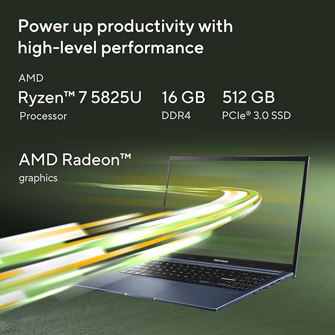 ASUS Vivobook 15, Smartchoice, AMD Ryzen 7 5825U, 16GB RAM, 512GB SSD, FHD 15.6", Windows 11, Office Home 2024, Quiet Blue, 1.7Kg, M1502YA-