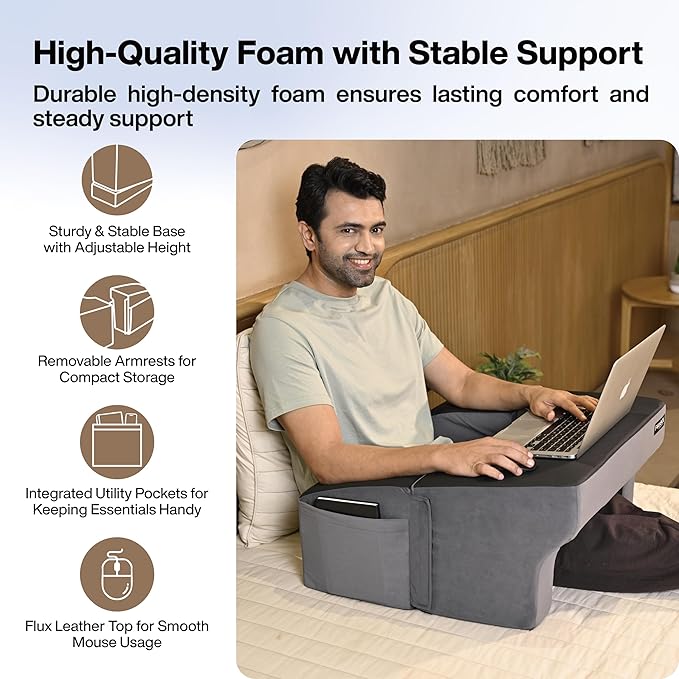 FOVERA Lap Desk Pillow | Height Adjustable, Soft & Comfortable Armrest, Easy to Store | for Working on Laptop, Reading & Gaming | Work from Home Pillow | Perfect for Using on Bed, Sofa & Floor (Grey)